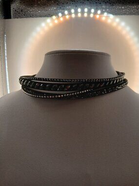 Swarovski Suede Leather Black Jewelled 4 Layered Trendy Choker Size 15 Inches